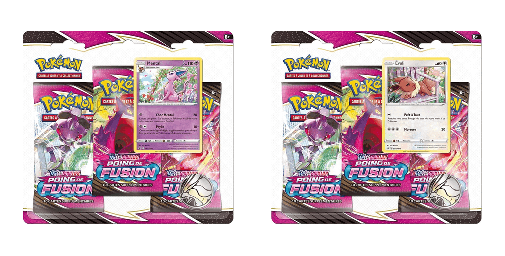 Pack de 3 boosters Épée et Bouclier – Poing de Fusion – Évoli ou Mentali (modèle aléatoire)