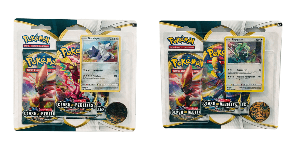 Pack de 3 boosters Épée et Bouclier – Clash des Rebelles – Duralugon ou Rayquaza (modèle aléatoire)