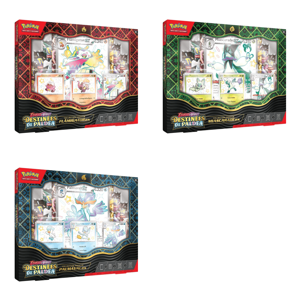 Collection Premium Destinées de Paldea – Flâmigator-ex, Miascarade-ex ou Palmaval-ex