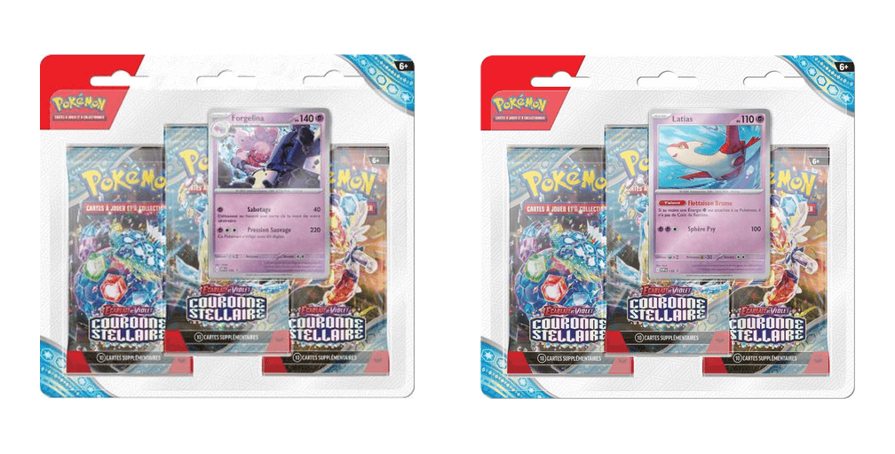 Tripack Écarlate et Violet – Couronne Stellaire – Forgelina ou Latias (aléatoire)