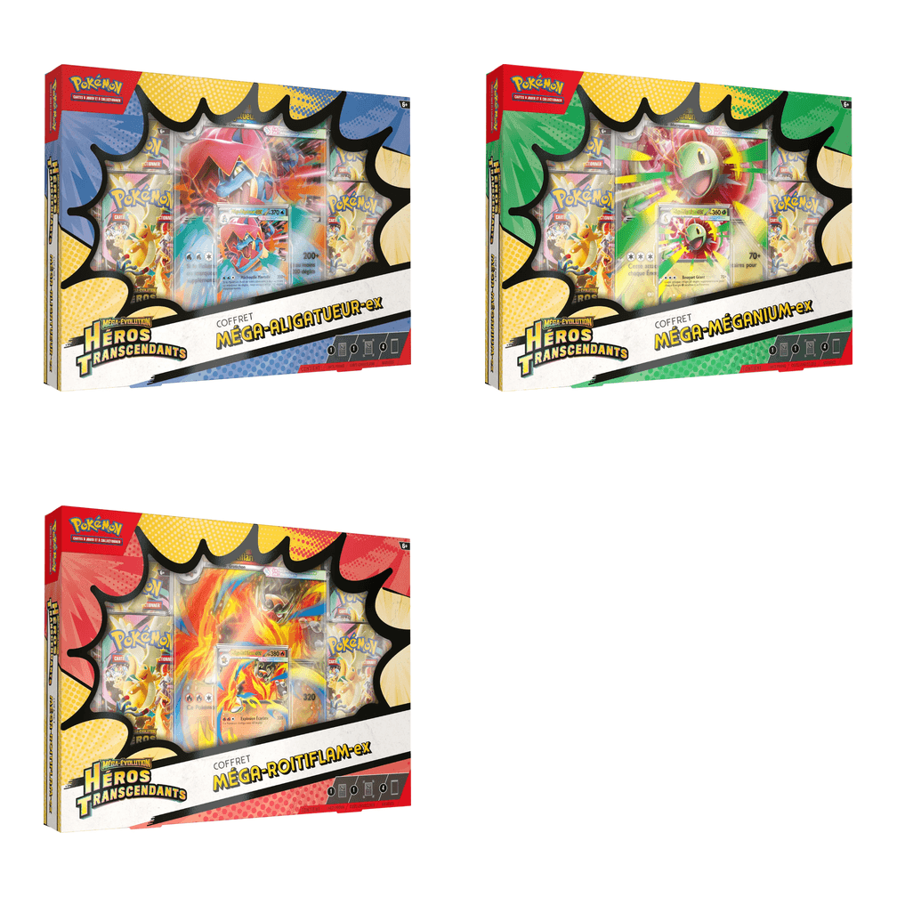 Coffret Méga-Évolution – Héros Transcendants – Méga-Aligatueur-ex, Méga-Méganium-ex ou Méga-Roitiflam-ex (aléatoire)